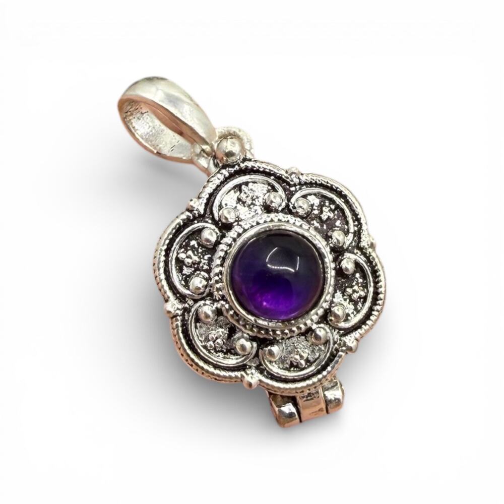 Poison Box Locket Purple Amethyst Cabochon White Metal Pendant No Chain
